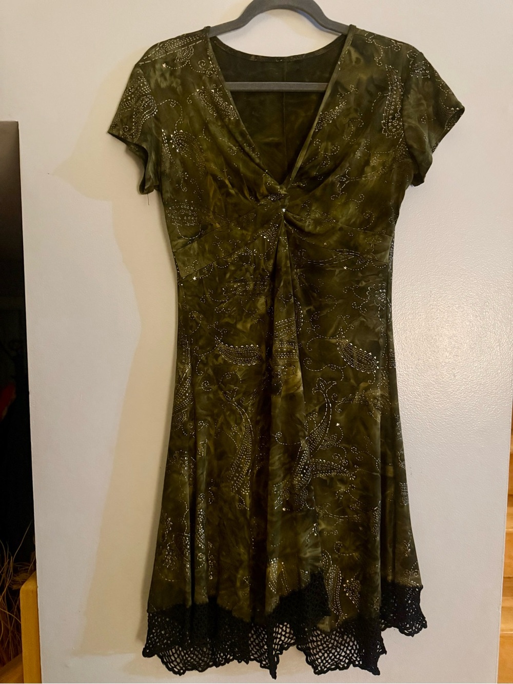 Vintage Y2K Olive Green Whimsigoth Fairy Grunge Midi Dress M🧚♂️✨